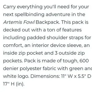 Disney | Bags | Rare Disney Artemis Fowl Backpack Bookbag  display picture 3